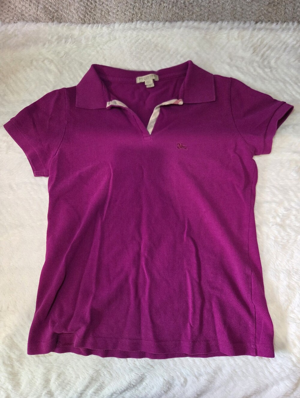 Burberry Short Sleeve Polo Top in Magenta with Contrast Trim